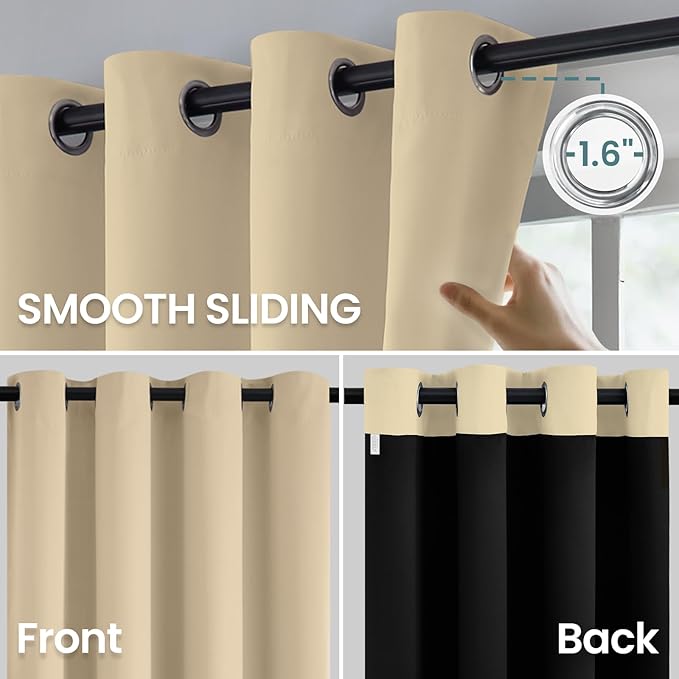 COSVIYA 100% Beige Blackout Curtains for Bedroom Kids Room 63 Inches Length 2 Panels Set, Full Light Blocking Thermal Insulated Grommet Nursery Window Treatment Drapes with Black Liner,W52 x L63