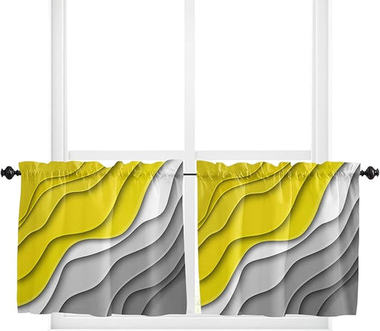 24 Inch Long Tier Curtains for Kitchen, Abstract Beach Aesthetic Grey to Yellow Gradient Bathroom Window Curtains Rod Pocket Short Curtains Window Treatment Tiers for Living Room Farmhouse 2 Panels