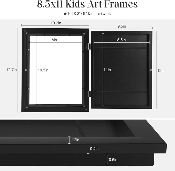 [2-Pack] Kids Frames, 8.5x11 Front Opening Kids Artwork Frames Changeable, Black Artwork Display Storage Frame for Wall, Holds 50 Pcs, for 3D Picture, Crafts, Children Drawing, Hanging Art, Portfolio
