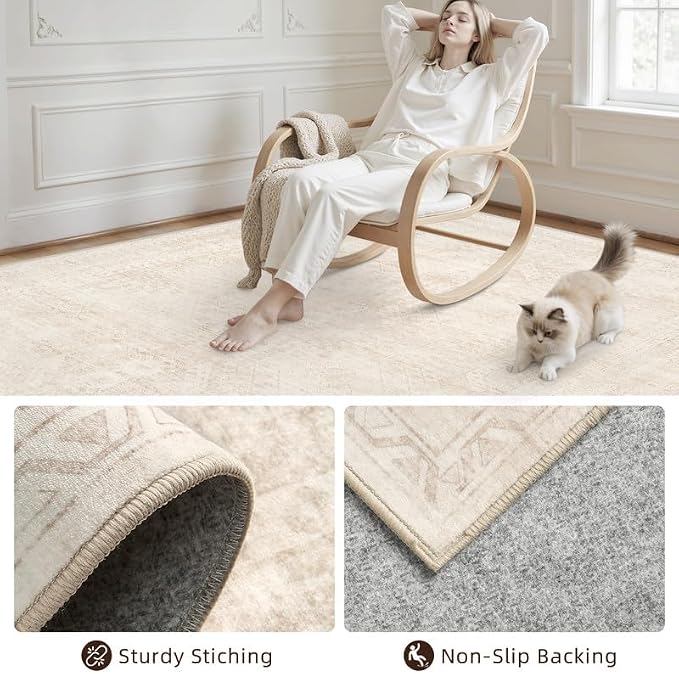 Round Area Rug for Living Room: 6ft Vintage Boho Neutral Washable Circle Rug Soft Large Circular Carpet for Bedroom Nursery Farmhouse Dining Room Office Floor Non-Slip Low Pile Under Table Rug Beige