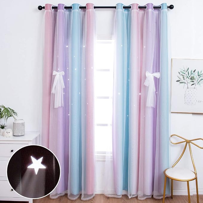 UNISTAR 2 Panels Blackout Curtains for Kids Girls Bedroom Aesthetic Living Room Decor Colorful Double Layer Star Cut Out Stripe Pink Rainbow Window Wall Home Decoration,W52 x L63 Inches
