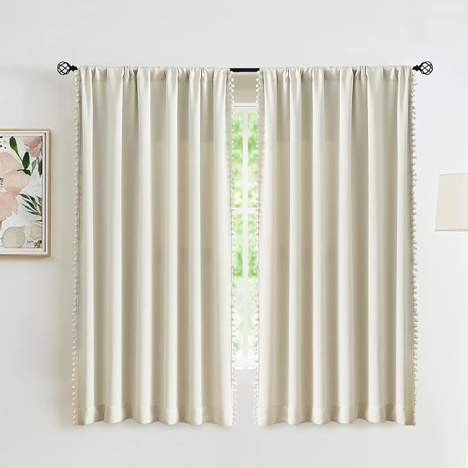 Treatmentex Pom Pom Curtains for Living Room 63 inch Natural Thermal Insulated Room Darkening Curtain Panels for Bedroom Window Drapes Nursery Kids Guest Room Hotel Ivory 52" w x2 Panels Rod Pocket
