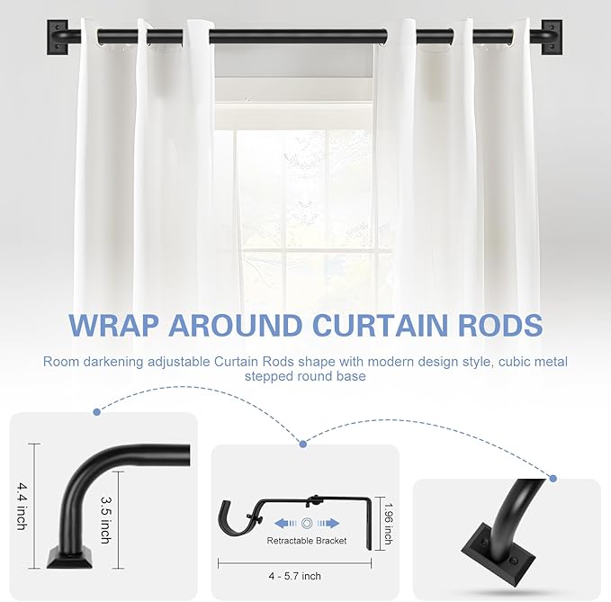 TANGWIN Black Wrap Around Curtain Rods 2 Pack:Blackout Heavy Duty Adjustable Window Curtain Rod for Bedroom Kitchen,Modern Decorative Curved French Metal Drapery Rods Easy Install,Matte Black 48-90"