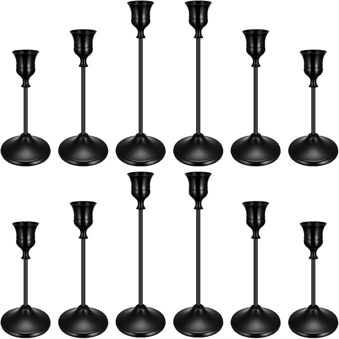 12PCS Brass Black Taper Candle Holders Set, Vintage Metal Candlestick Holders for Table Centerpiece, Wedding Reception, Festive Christmas Mantel Decoration