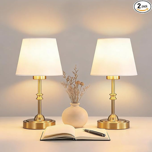 Portables Cordless Table Lamp Set of 2,LED Fabric Shade DeskLamp,Rechargeable Battery Operated，Lighting for Bedroom, Bedside,Bar,Living Room, Dining Room, Night Light (Brass)