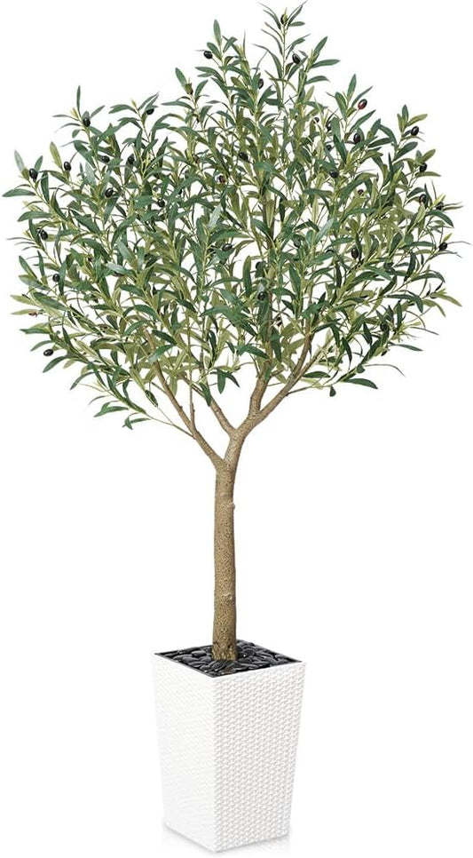 VeriNatural Artificial Olive Tree 6FT, UV Resistant Tall Fake Tree Indoor Outdoor with White Taper Planter & Pebbles – Potted Large Faux Plant for Modern Home Decor Living Room Office Patio, VN156