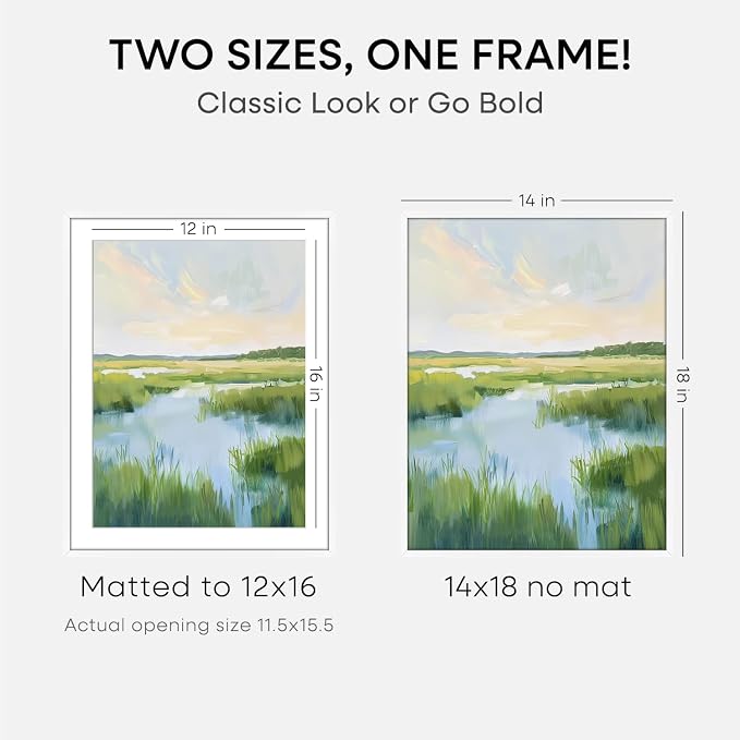 Homeforia 14x18 Picture Frame White, High End Metal 14x18 Poster Frames with Mat 12x16 Photo, 14 x 18 White Frame Matted to 12 by 16 Print, 18by14 Thin Hanging Frames, Tempered Glass, Wall Kit, Set of 2