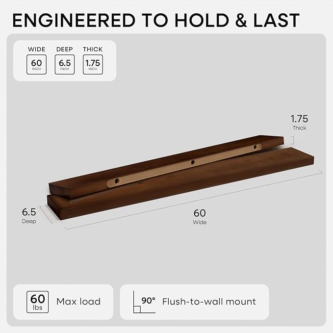 Homeforia Walnut 60 inch Floating Shelf, High End Solid Real Wood 60inch Long Floating Shelf for Wall, Dark Brown Wooden 60in Large Floating Shelves, Heavy Duty Bracket, 60 X 6.5 X 1.75 inch, Set of 2