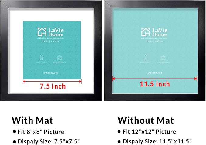 LaVie Home 12x12 Picture Frame Black Poster Frame,Display Pictures 8x8 with Mat or 12x12 Without Mat, Stable and Sturdy Frame and Polished Plexiglass, Horizontal and Vertical Format of The Walls
