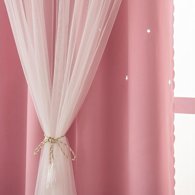 Pink Curtains Nursery Cute Blackout Curtains for Girls Room 63 Inches Long Single Panel Star Cutout Double Layer Curtains & Drapes with Lace Bedroom Decor Window Treatments 63 Inch Length