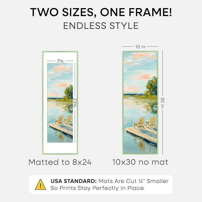 Homeforia 10x30 Sage Green Picture Frame, High End Metal 10by30 Poster Frames with Mat 8x24 Photo, 10 x 30 Green Frame Matted to 8 x 24 Print, 30x10 Panoramic Frame, Tempered Glass, Wall Kit, Set of 2
