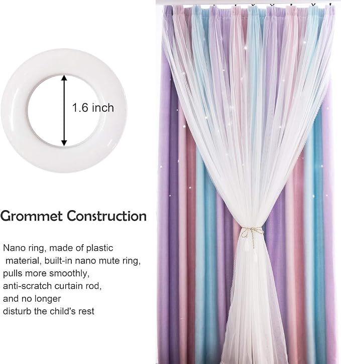 UNISTAR 2 Panels Blackout Curtains for Kids Girls Bedroom Aesthetic Living Room Decor Colorful Double Layer Star Cut Out Stripe Pink Rainbow Window Wall Home Decoration,W52 x L63 Inches