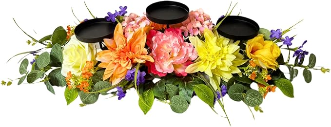 Svndlyn Spring Summer Candle Holder Centerpiece with Colorful Flowers | 3 Candle Plates, Peach Dahlia, Yellow Rose, Purple Flowers and Eucalyptus Leaves for Dining Table, Coffee Table and Mantel