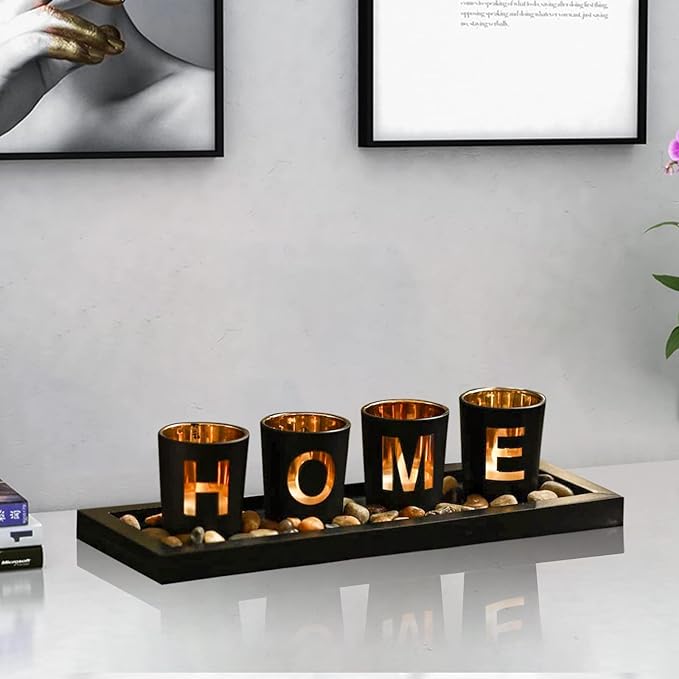 Home Decorative Candle Holder Set, 4 Glass Tea Light Candleholders with Wooden Candle Holders Tray, Natural Pebbles for Home Decor Table Decorations Centerpiece