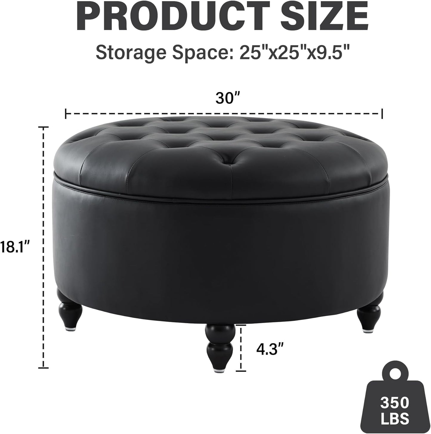 30-Inch Large Round Ottoman, Faux Leather Coffee Table with Removable Lid Top, Upholstered Footrest Modern Button Circle Storage Ottoman for Living Room, Office, PU Black