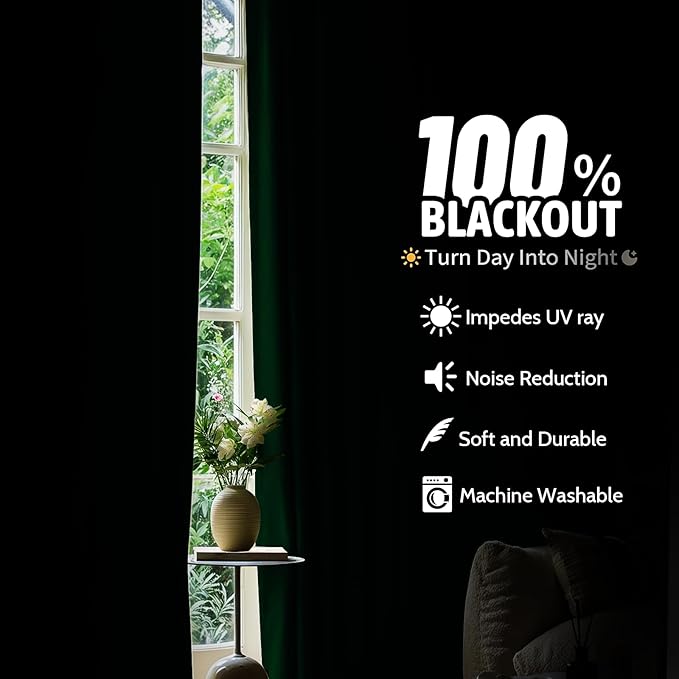 COSVIYA Drak Green 100% Blackout Curtains for Bedroom with White Back, 2 Thick Layers Full Room Darkening Thermal Insulated Grommet Window Drapes,40x63 Inch, 2 Panels