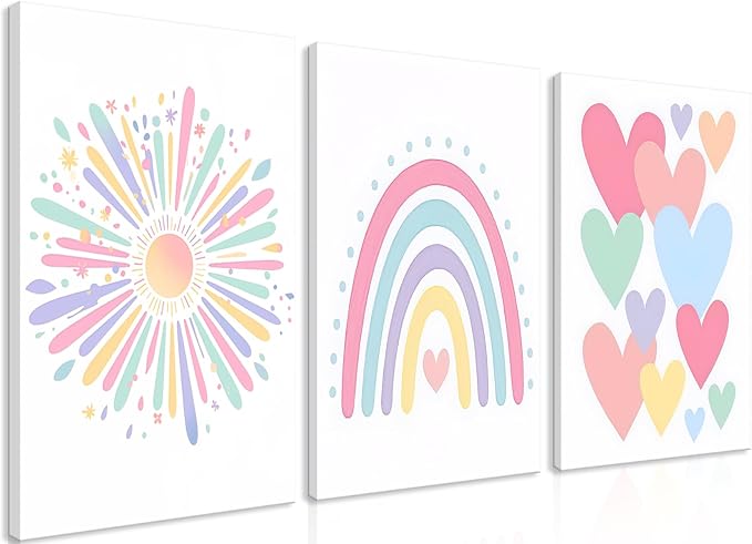 3 Piece Toddler Girl Room Decor Rainbow Decor for Girls Bedroom 16x24 Inch | Colorful Boho Sunshine Paintings for Nursery Decor, Kids Room Wall Decor, Classroom Decoration