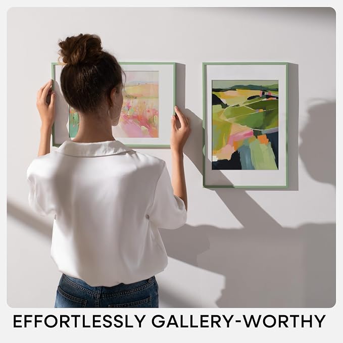 Homeforia 11x14 Picture Frame Sage Green, High End Metal 11x14 Wall Hanging Frame with Mat 8x10, 11 x 14 Poster Frame Matted to 8 x 10 inch Photo, 14x11 Thin Frames, Tempered Glass, Wall Kit, Set of 1