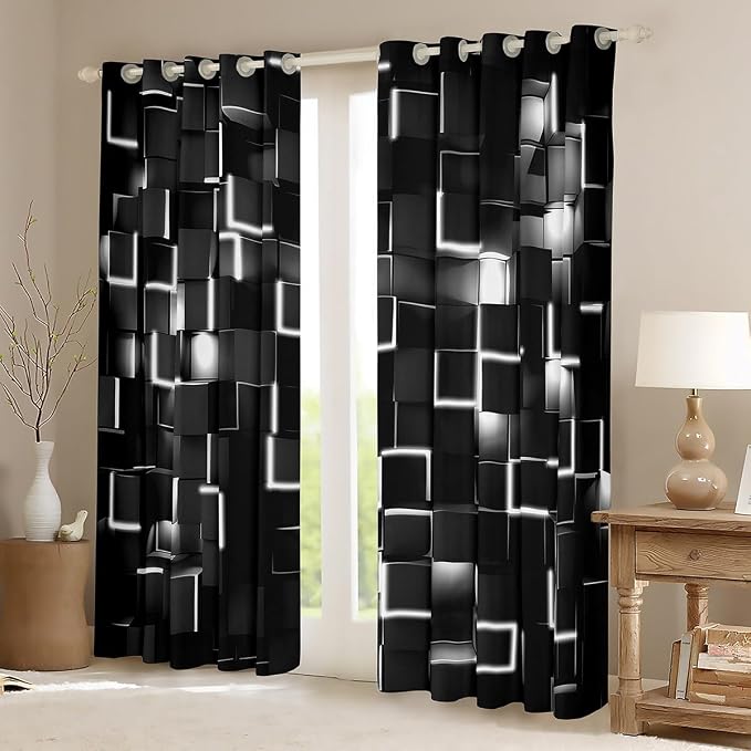 Feelyou Grey and Black Darkening Drapes (2 Panels, 42 x 84 Inch) Light Geometric Curtains for Bedroom Living Room Girls Decor Blackout Curtains Modern Style Window Treatments