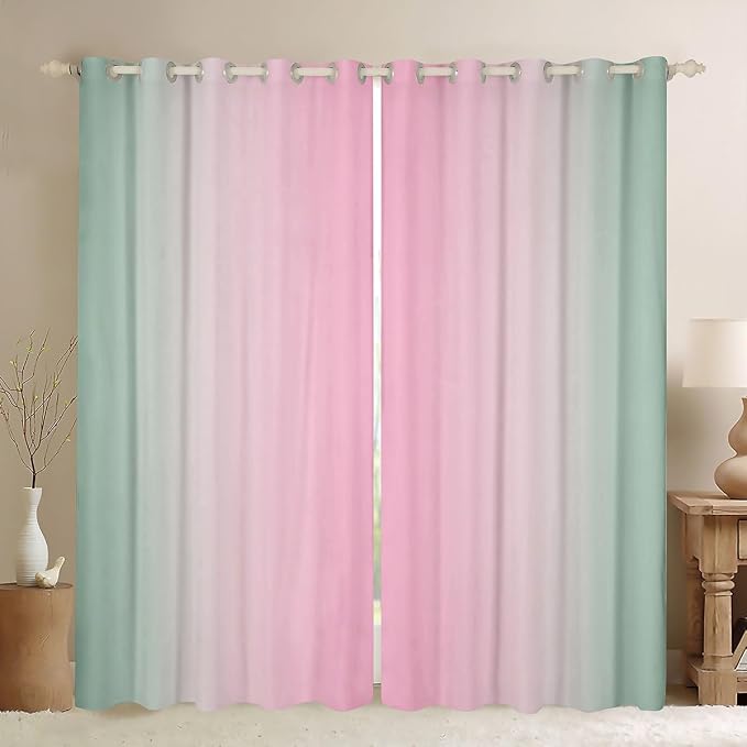 jejeloiu (2 Panels, 42 x 84 Inch Pink and Green Darkening Drapes Gradient Style Curtains for Bedroom Living Room for Kids Women Men Ombre Printed Blackout Curtains Geometric Window Treatments