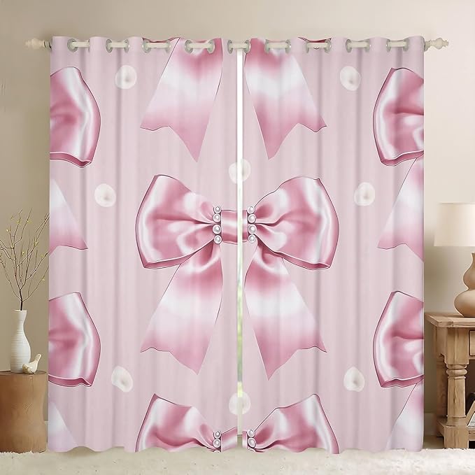 Erosebridal Pearl Bow Curtain Pink Ribbon Bow Window Curtain,Cute Girly Bowknot Window Treatments Luxurious Bow Curtains & Drapes 52" Wx84 L for Kids Girls Teen Women