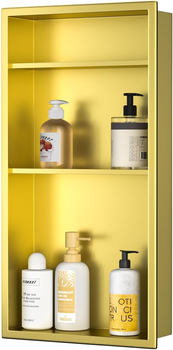 Gold Shower Niche 24" X 12" No Tile Needed Bathroom Niche Shower | 304 stainless steel shower niche,recessed niche shower for bathroom storage,vertical niche w/ 3-tier shelf,golden wall niche