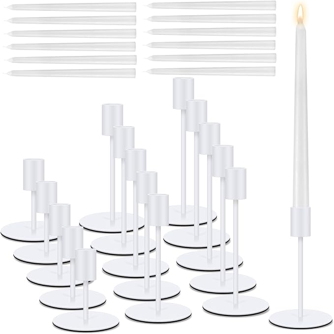 6 Set Candle Holders Bulk with 10'' Dripless Taper Candles 3.3'' 5.5'' 6.3'' Metal Candlestick Holders Vintage Modern Decorative Table Centerpiece for Wedding Birthday Home Decor (White)