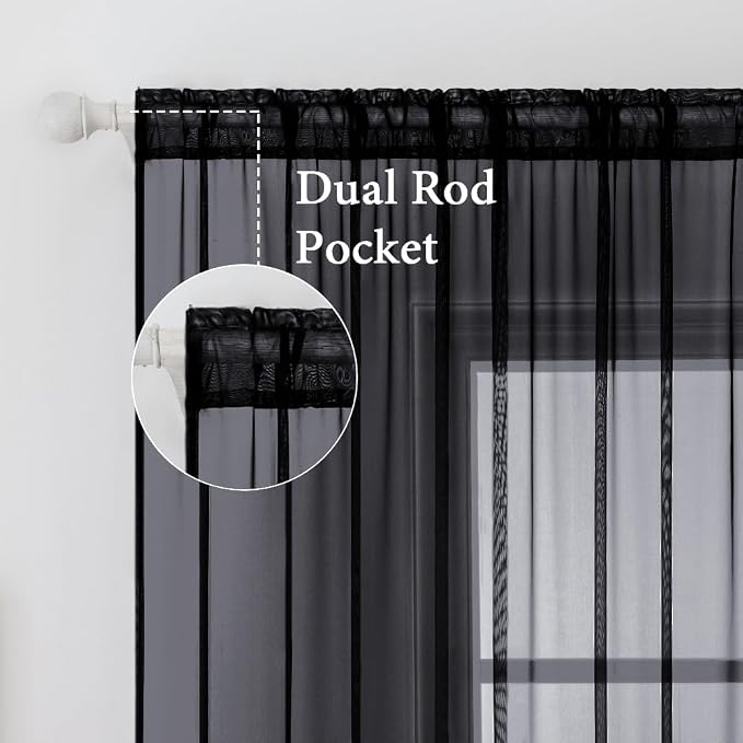 MIULEE 2 Panels Solid Color Sheer Window Curtains Elegant Halloween Window Voile Panels/Drapes/Treatment for Bedroom Living Room (54X45 Inches Black)