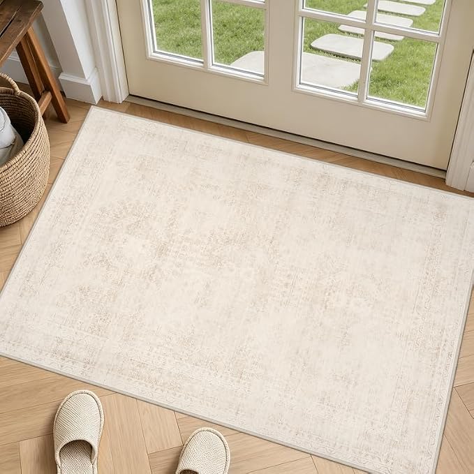 Machine Washable Area Rugs 2x3: Vintage Boho Neutral Washable Rug Indoor Soft Small Entryway Throw Carpet for Living Room Bedroom Kitchen Laundry Floor Non-Slip Low Pile Entrance Rug Beige