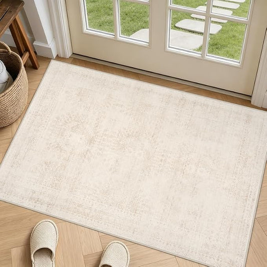 Machine Washable Area Rugs 2x3: Vintage Boho Neutral Washable Rug Indoor Soft Small Entryway Throw Carpet for Living Room Bedroom Kitchen Laundry Floor Non-Slip Low Pile Entrance Rug Beige