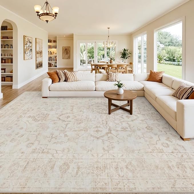 Area Rugs 9x12 Living Room: Vintage Boho Neutral Washable Rug Indoor Soft Large Area Rug Carpet for Bedroom Nursery Farmhouse Dining Room Office Floor Non-Slip Low Pile Under Table Rug Warm Beige
