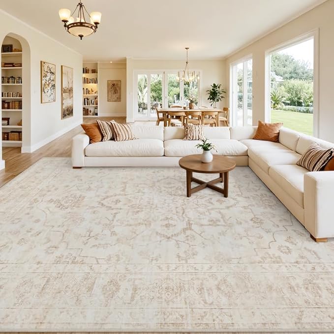 8x10 Area Rugs for Living Room: Vintage Boho Neutral Washable Rug Indoor Soft Large Area Rug Carpet for Bedroom Nursery Farmhouse Dining Room Office Floor Non-Slip Low Pile Under Table Rug Warm Beige