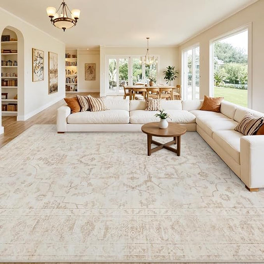 10x14 Area Rug for Living Room: Vintage Boho Neutral Washable Rug Indoor Soft Large Area Rug Carpet for Bedroom Nursery Farmhouse Dining Room Office Floor Non-Slip Low Pile Under Table Rug Warm Beige
