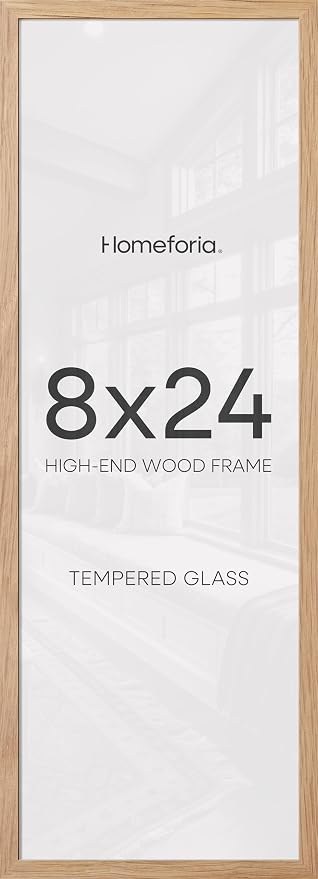 Homeforia 8x24 Panoramic Frame Wooden, High End Natural Oak 8 x 24 Picture Frame Light Wood without Mat, 24x8 Thin Poster Frame for Wall, 8by24 Display Photo Frames, Tempered Glass, Wall Kit, Set of 1