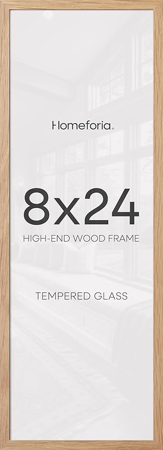 Homeforia 8x24 Panoramic Frame Wooden, High End Natural Oak 8 x 24 Picture Frame Light Wood without Mat, 24x8 Thin Poster Frame for Wall, 8by24 Display Photo Frames, Tempered Glass, Wall Kit, Set of 2