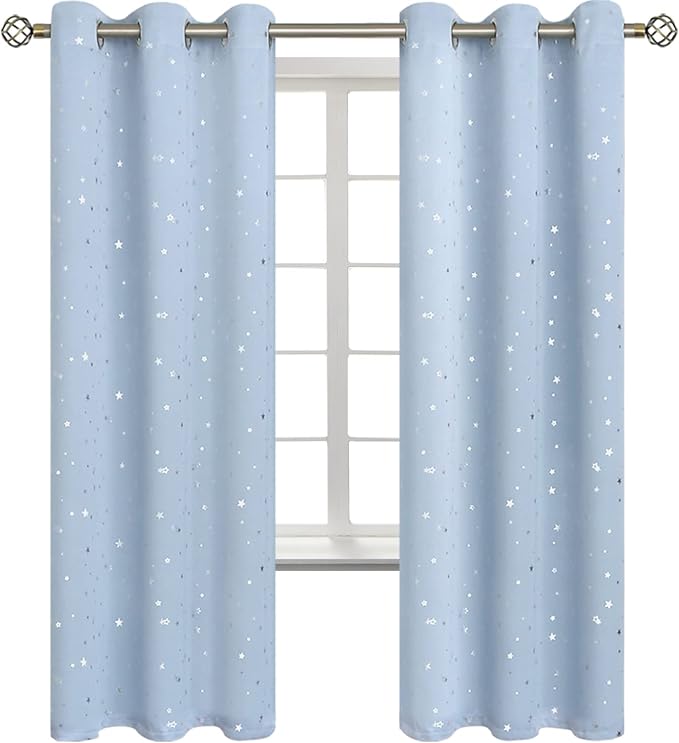 BGment Star Room Darkening Curtains for Kids Bedroom - Grommet Thermal Insulated Silver Star Print Kids Curtains for Living Room, Set of 2 Panels, Baby Blue, 42 x 72 Inch