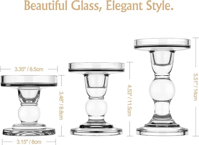 Lewondr Glass Candle Holders, 3 Pieces Crystal Clear Candlesticks with Elegant Design for Pillar Taper Candle and Tea Light, Home Table Living Room Wedding Party Decorations Home Décor - Clear