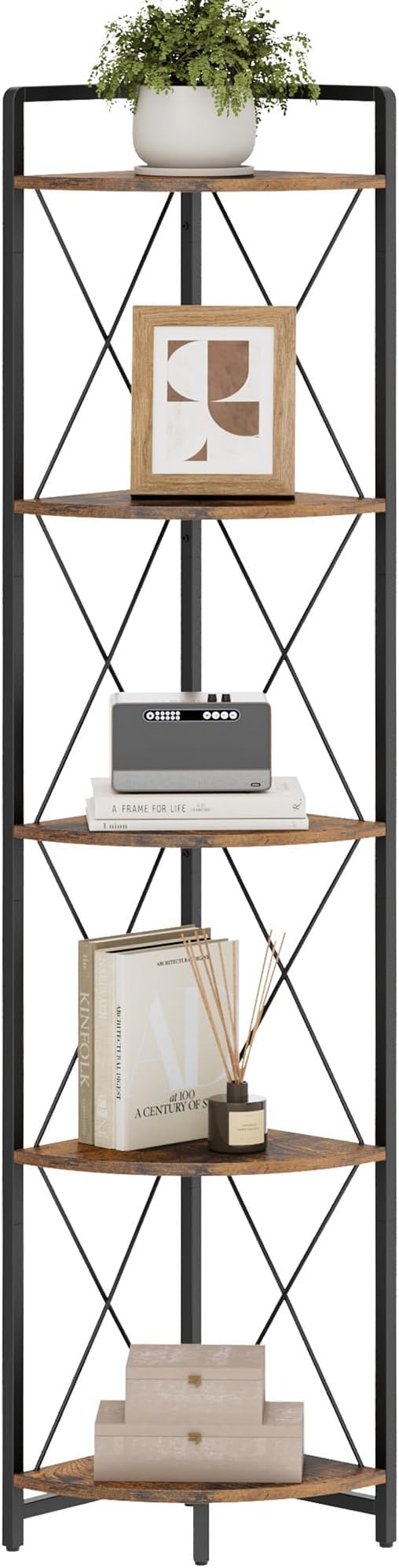 5 Tier Corner Shelf Stand, 64" H Tall Industrial Corner Bookshelf for Living Room Decor, Metal Corner Shelf, Plant Stand Display Shelf for Bedroom, Bathroom, Small Space, Rustic Brown