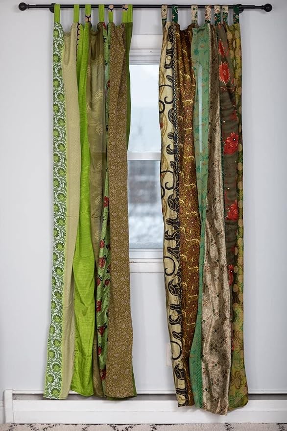 Assorted Hippie Colorful Curtains Light-Filtering – Boho Curtains, Bed Canopy Panel, Tapestry or Window Treatment Patchwork Green Color (84 X 43 Inches)