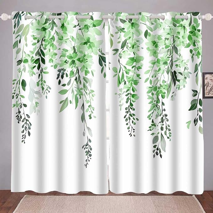Green Watercolor Floral Curtains 84 inches Long, Botanical Leaves Vine Flowers Rustic Farmhouse Curtains, Blackout Window Treatment Drapes for Bedroom Living Room 52x84inch, 2 Panels