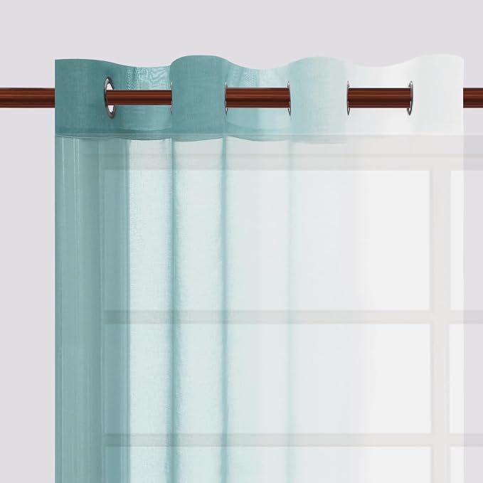 DWCN Faux Linen Ombre Sheer Curtains - 63 inches Long Gradient Semi Voile Curtains for Bedroom and Living Room, Set of 2 Grommet Top Window Curtain Panels, W52 x L63 Inches, Peacock Blue