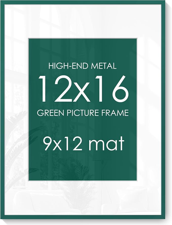 12x16 Picture Frame for 9x12 Photo, Minimalist Aluminum Frame, Dark Green | Deep Green Metal Frame for Wall, Desk & Gift | Shatterproof Glass & Hardware
