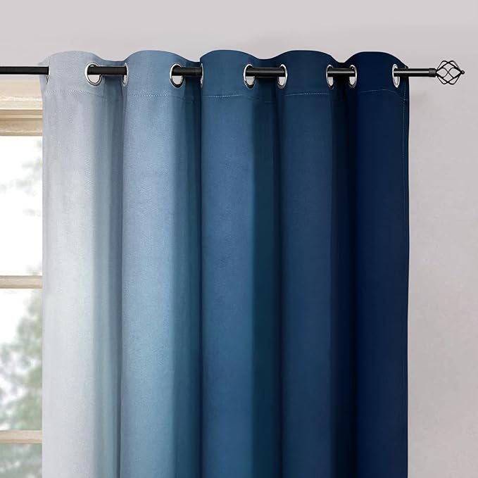 Yakamok Ombre Curtains Blue and Greyish White for Living Room,62Wx63L | Room Darkening Curtains 63,Thermal Insulated Gradient Color Drape,Light Blocking Grommet Window Curtains for Bedroom,2 Panels