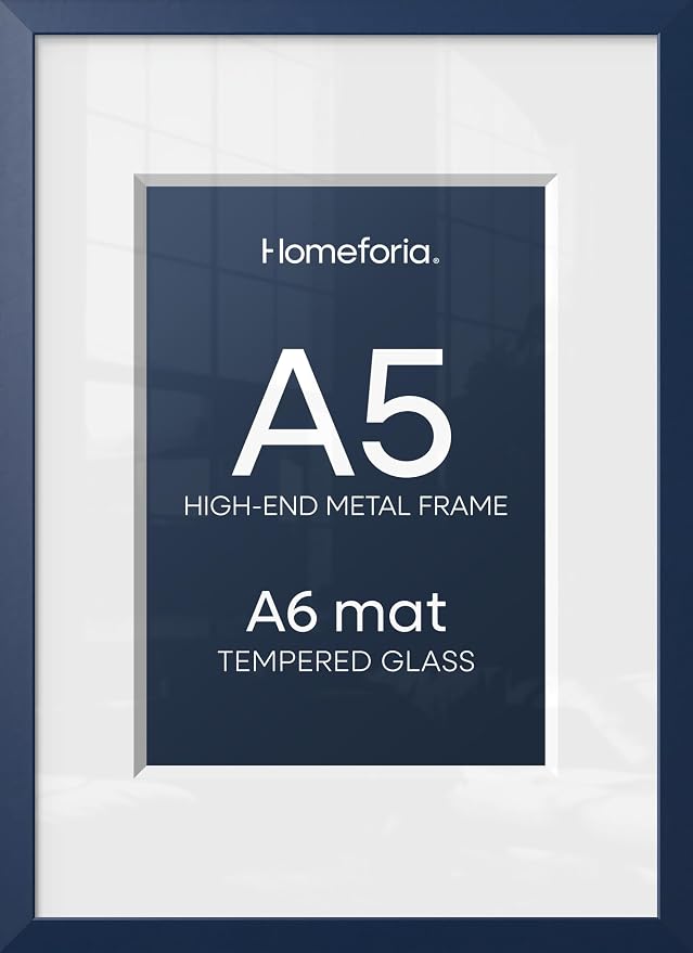 Homeforia A5 Navy Blue Frame, High End Metal 5.8 x 8.3 Picture Frames Matted to 4.1 by 5.8 inch Art, A5 Display Photo Frame with Mat A6, 5.8x8.3 Blue Poster Frames, Tempered Glass, Wall Kit, Set of 1