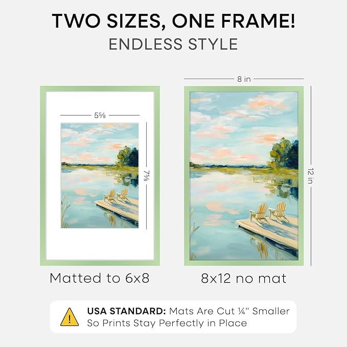 Homeforia 8x12 Picture Frame Sage Green, High End Metal 8 x 12 Poster Frames with Mat 6 by 8 Photo, 12x8 Frame Matted to 6x8 inch Art, 8by12 Wall or Tabletop Frames, Tempered Glass, Wall Kit, Set of 2