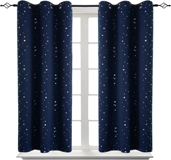 BGment Kids Blackout Curtains for Bedroom - Grommet Thermal Insulated Silver Star Print Room Darkening Curtains for Living Room, Set of 2 Panels (42 x 54 Inch, Navy Blue)