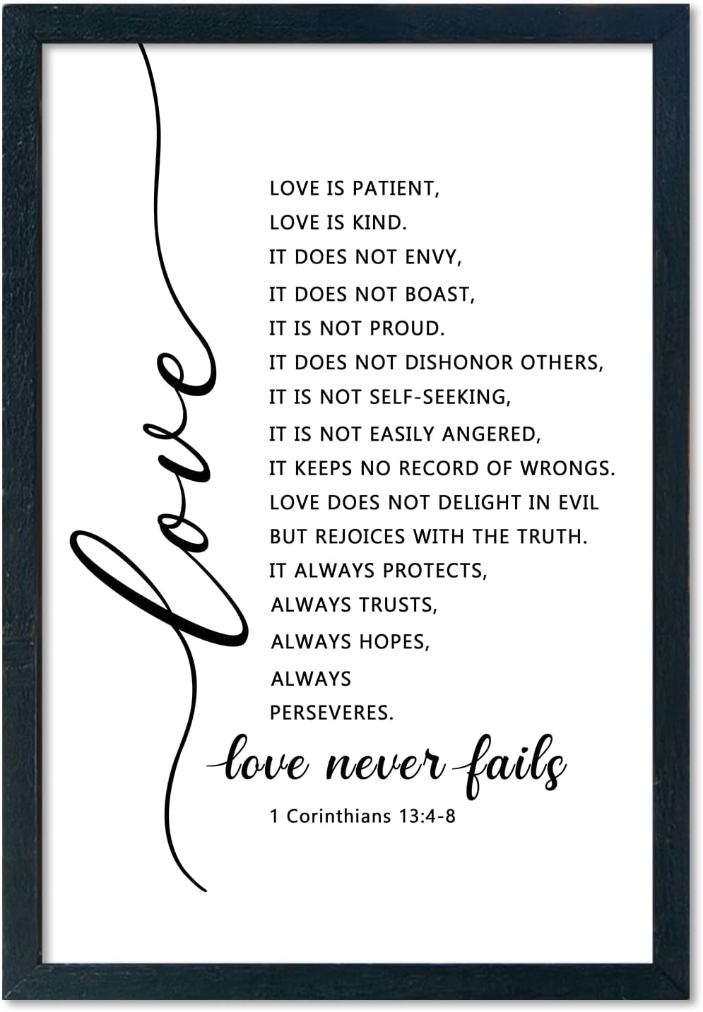 LuZhiQiang Love Is Patient Kind Wall Art 16"×11" Love Never Fails Sign 1 Corinthians 13 Bible Verse Wood Framed Wall Hanging Decor (Black)