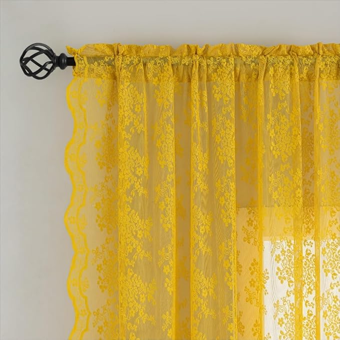 YJ YANJUN Vintage Lace Curtains 96 Inches Long-Victorian Floral Mustard Yellow Sheer Curtain Panels for Living Room Bedroom,Light Filtering, Retro Mid Century Modern Summer Drapes2 Panels 52W x 96L