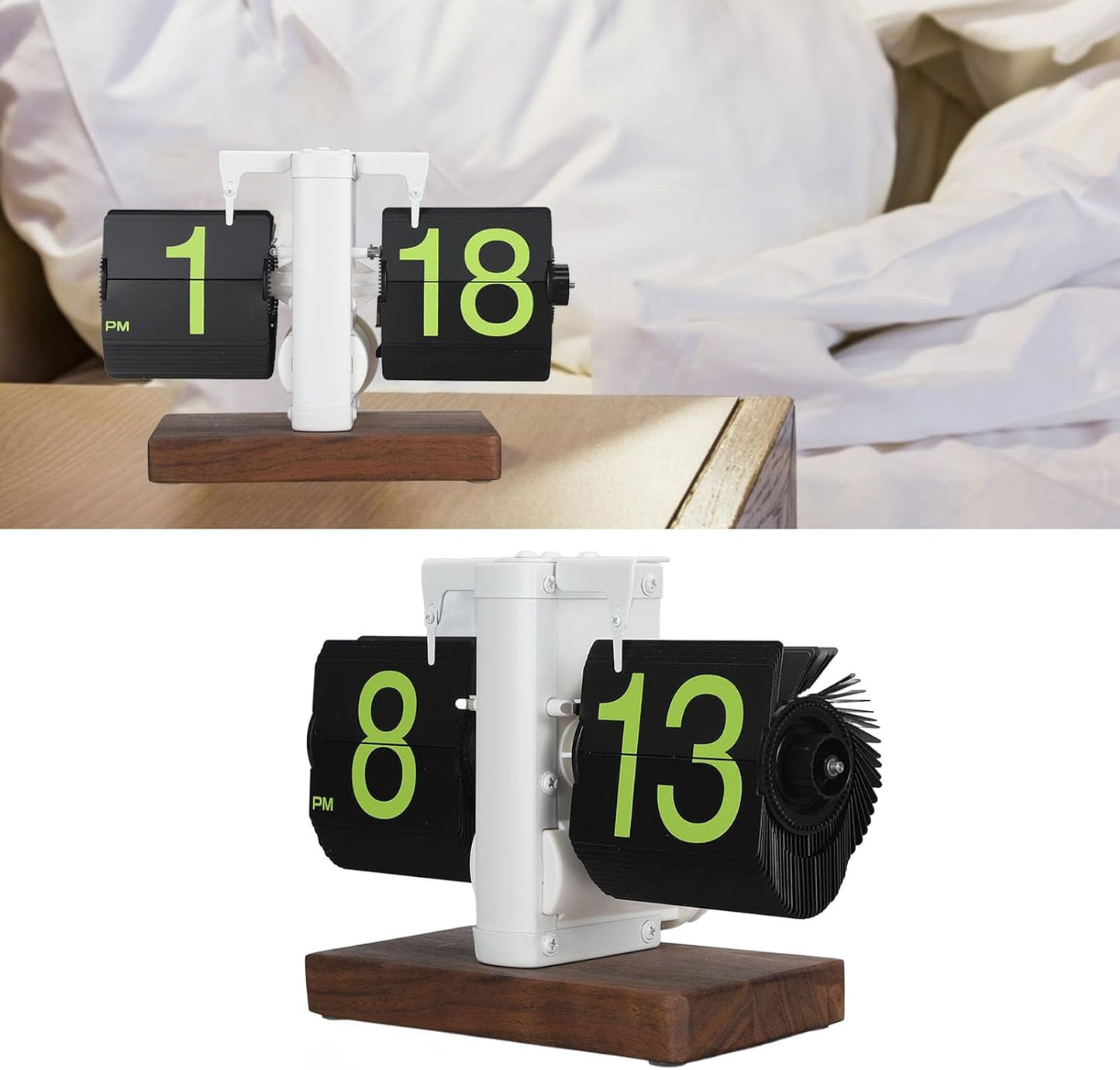 Flip Desk Clock, Retro Vintage Flip Desk Table Clock, Digital Clock Sided Large Numbers Mechanical Flip Clock Wood Base for Living Room, Study Room and Office（Frosted White）