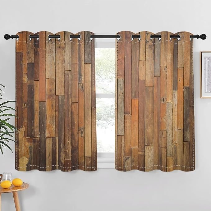 Wooden Curtains Vertical Planks Wooden Window Curtains Rustic Wooden Barn Door Grain Cottage Hardwood Garage Door Bedroom Living Room Window Drapes Decor with Grommets,42x63 inch,2 Panels